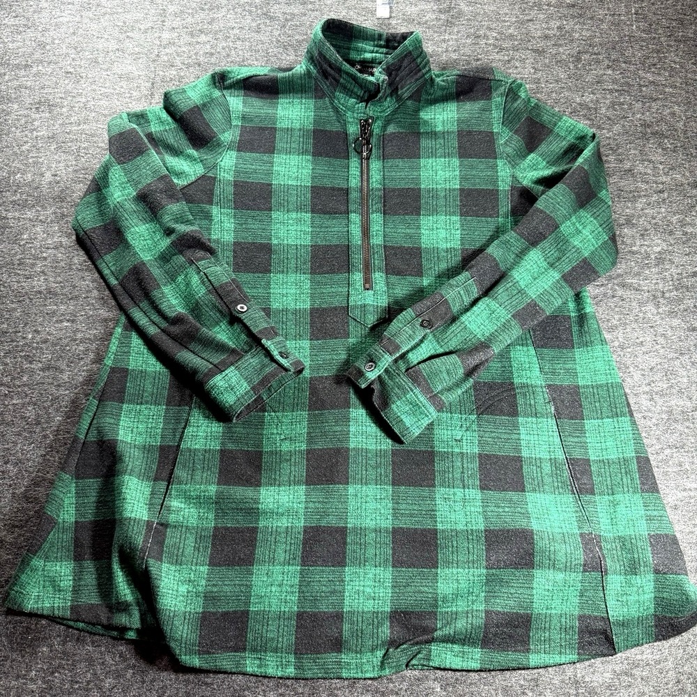 John Mark Top Pullover Tunic 1/4 Zip Medium Green Black Plaid Casual Basic Chic